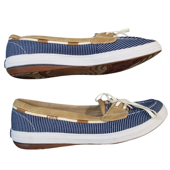 Keds Ortholite Navy White Tan Striped Loafers Shoes Laces Size 8.5 - Picture 6 of 12